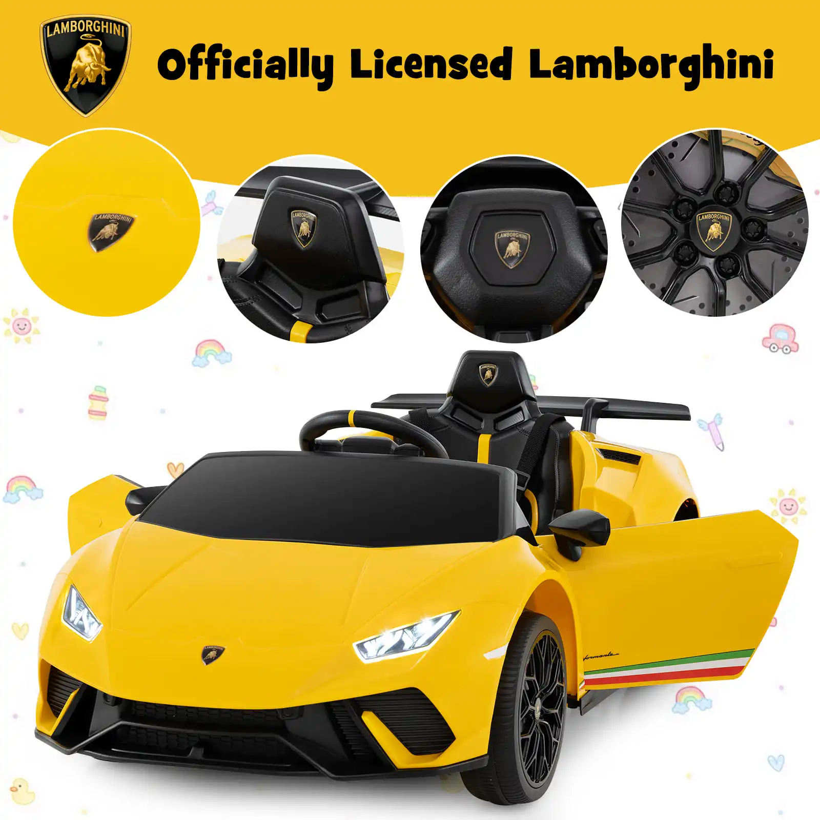 DORTALA Lamborghini Kids Ride on Car 12V Battery Powered Electric Vehicle-Yellow - Image 4