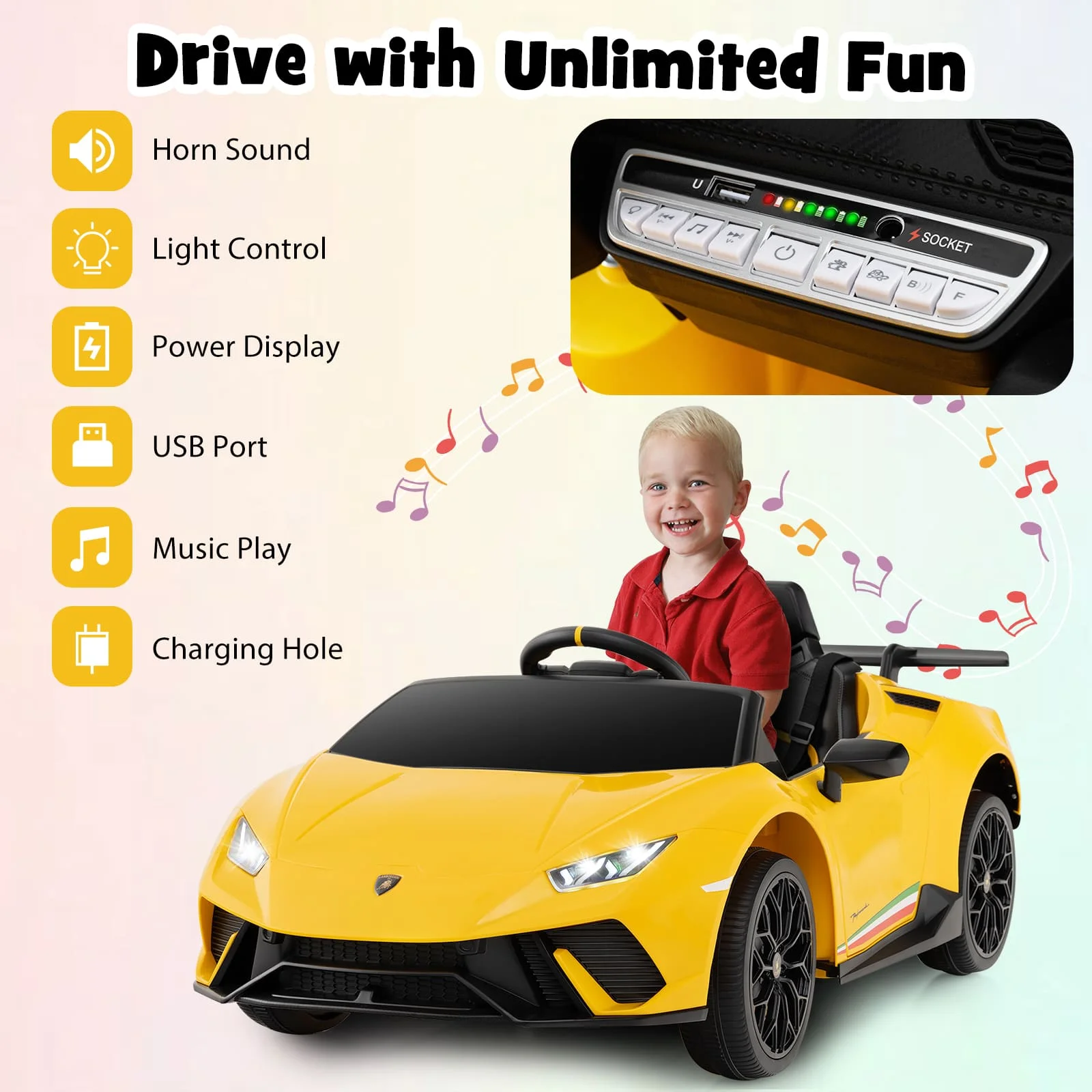 DORTALA Lamborghini Kids Ride on Car 12V Battery Powered Electric Vehicle-Yellow - Image 5