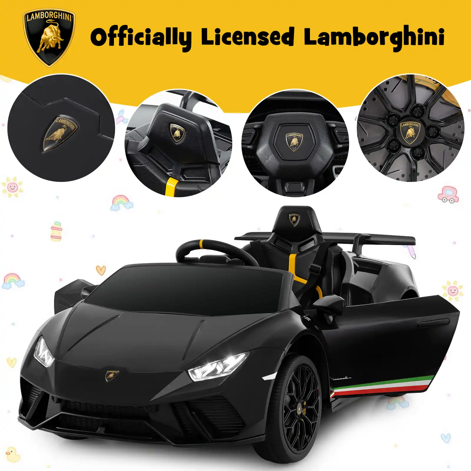 DORTALA Lamborghini Kids Ride on Car 12V Battery Powered Electric Vehicle-Black - Image 4