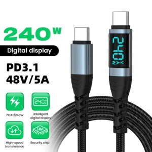 240W Type C to Type C Super Charge Digital Display Cable 0.5m-2m USB C Data Cable For Iphone 15 16 Samsung s24 s23 Huawei Xiaomi