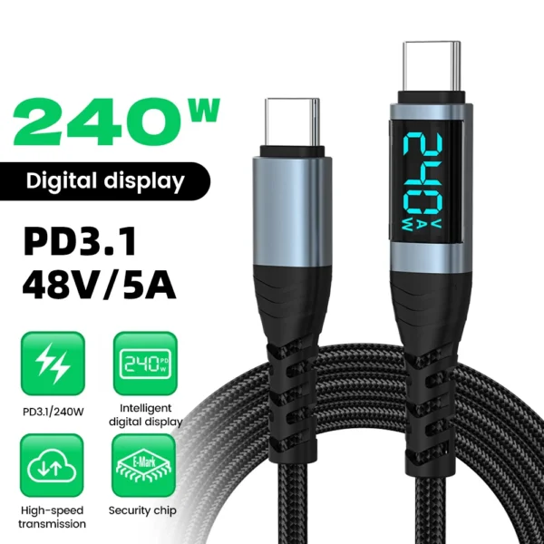240W Type C to Type C Super Charge Digital Display Cable 0.5m-2m USB C Data Cable For Iphone 15 16 Samsung s24 s23 Huawei Xiaomi 1